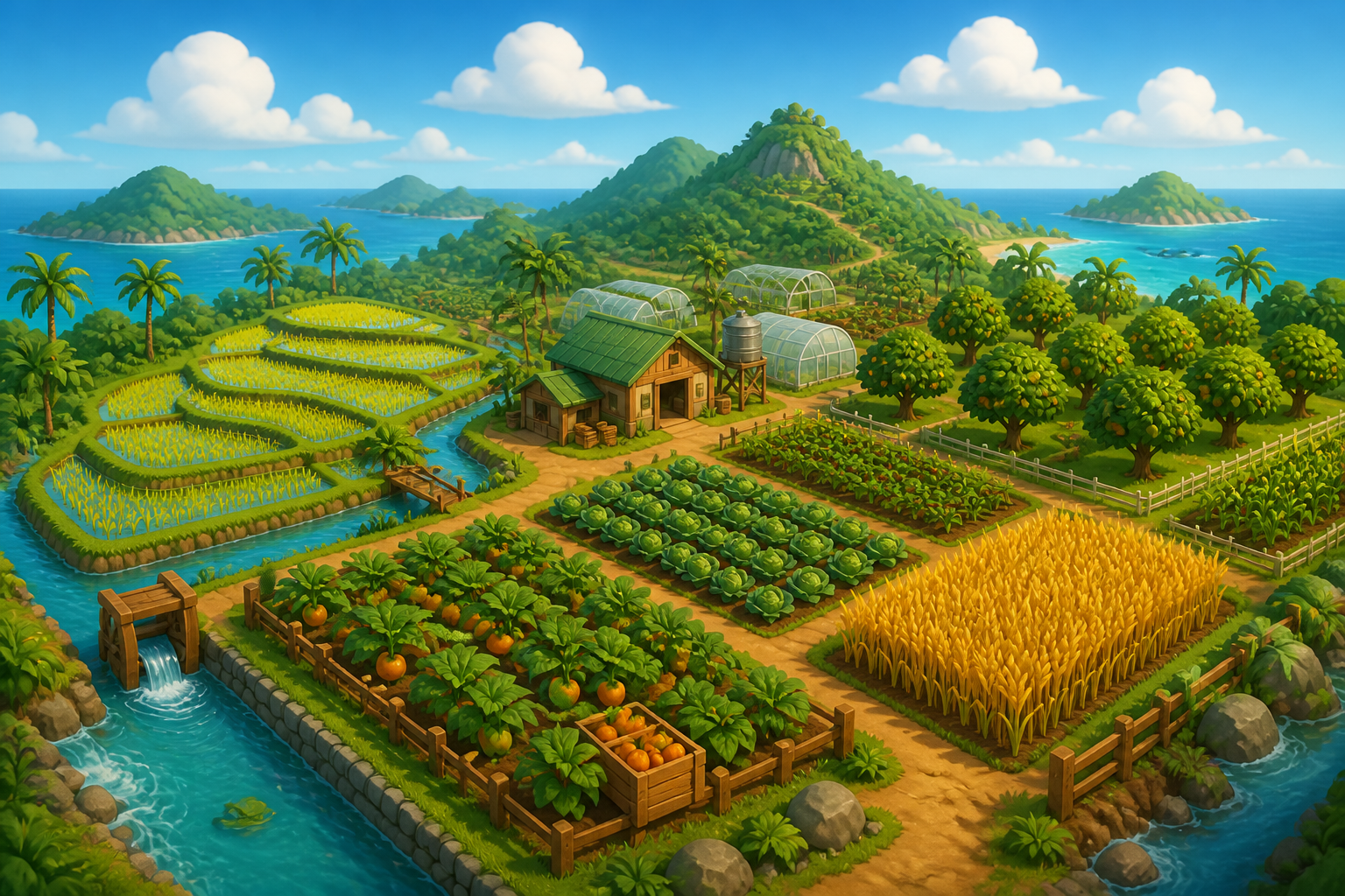 Game-style island farm with rice terraces, crop fields, orchards, and irrigation canals