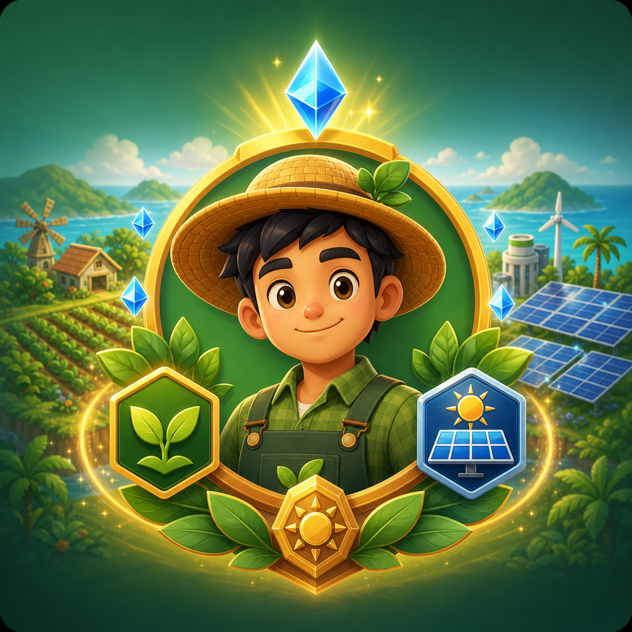 Game-style harvest and solar player badge with XP crystals