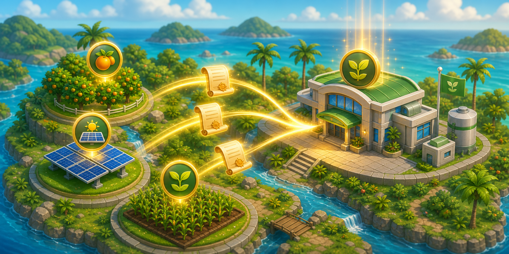 Game-style asset rights flowing from agri and solar assets to a management company
