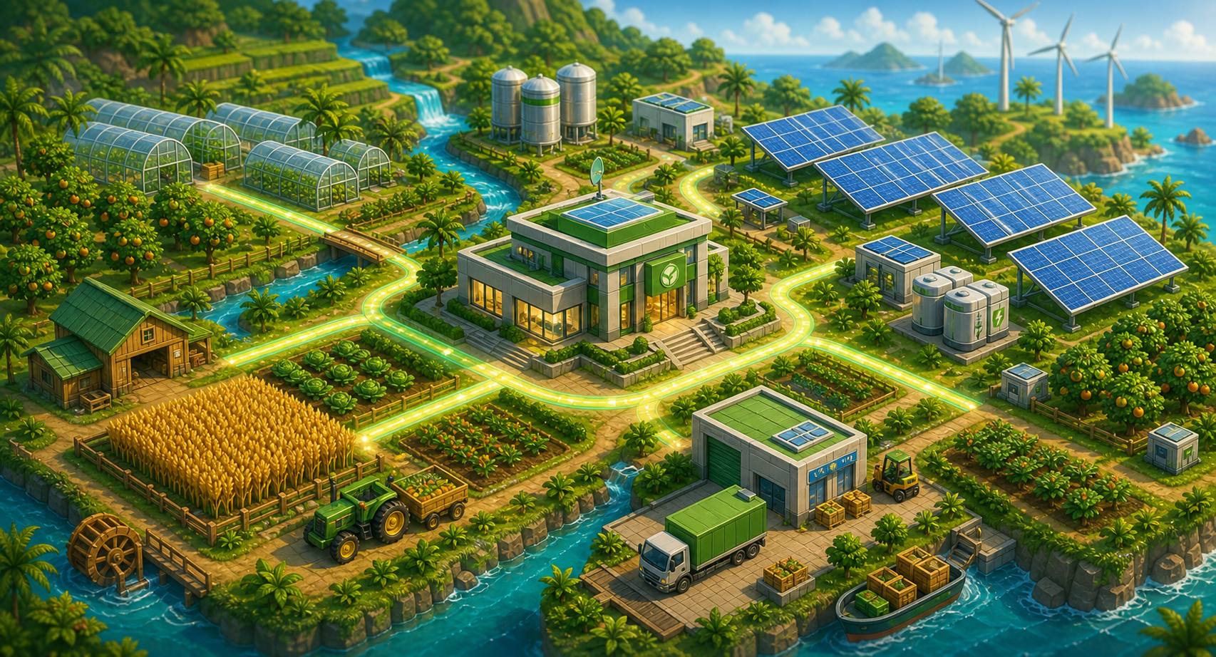 Game-style operations hub coordinating farms, solar assets, logistics, and water canals