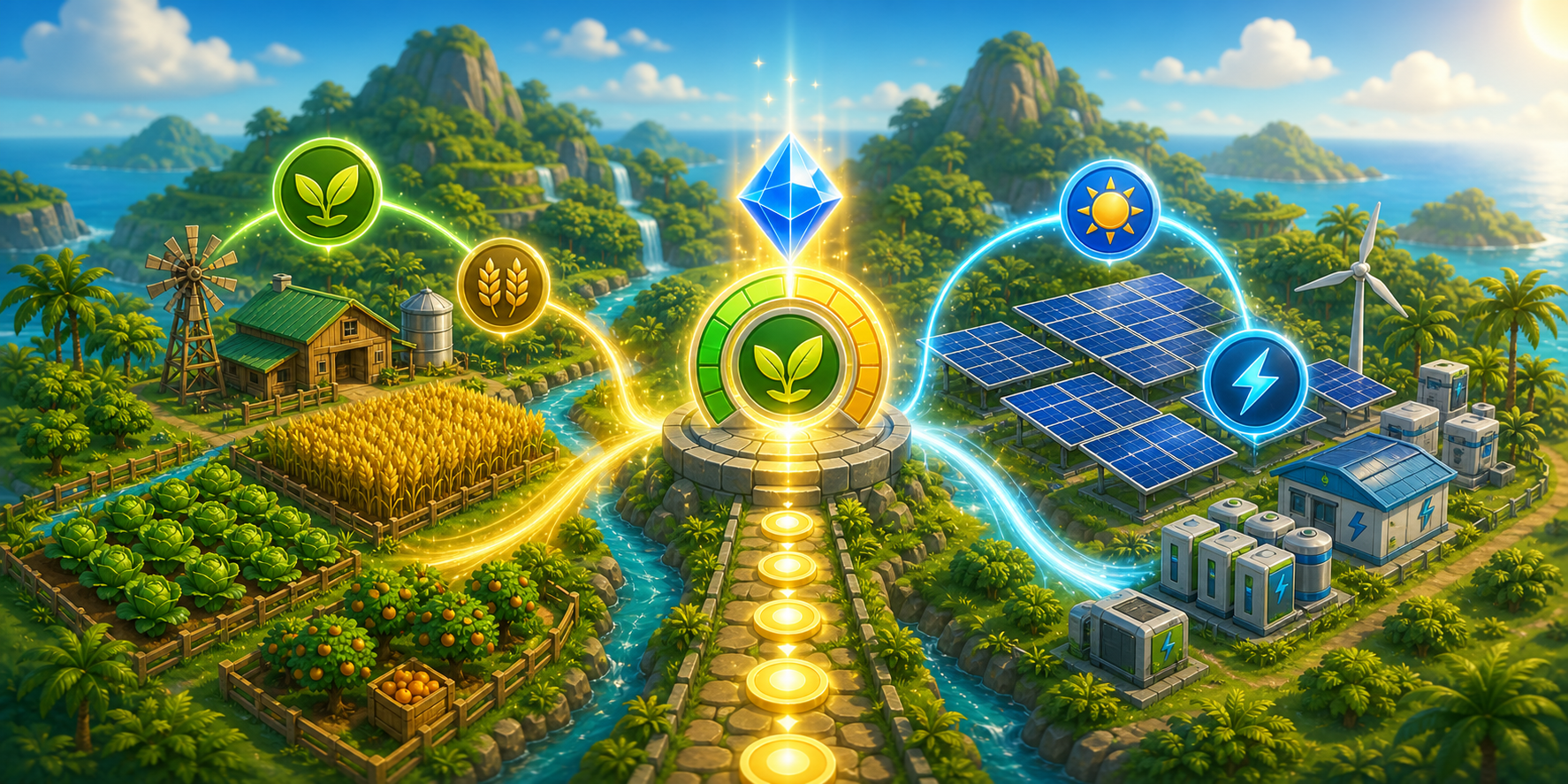 Game-style agri and solar pool performance flowing into XP and yield progress