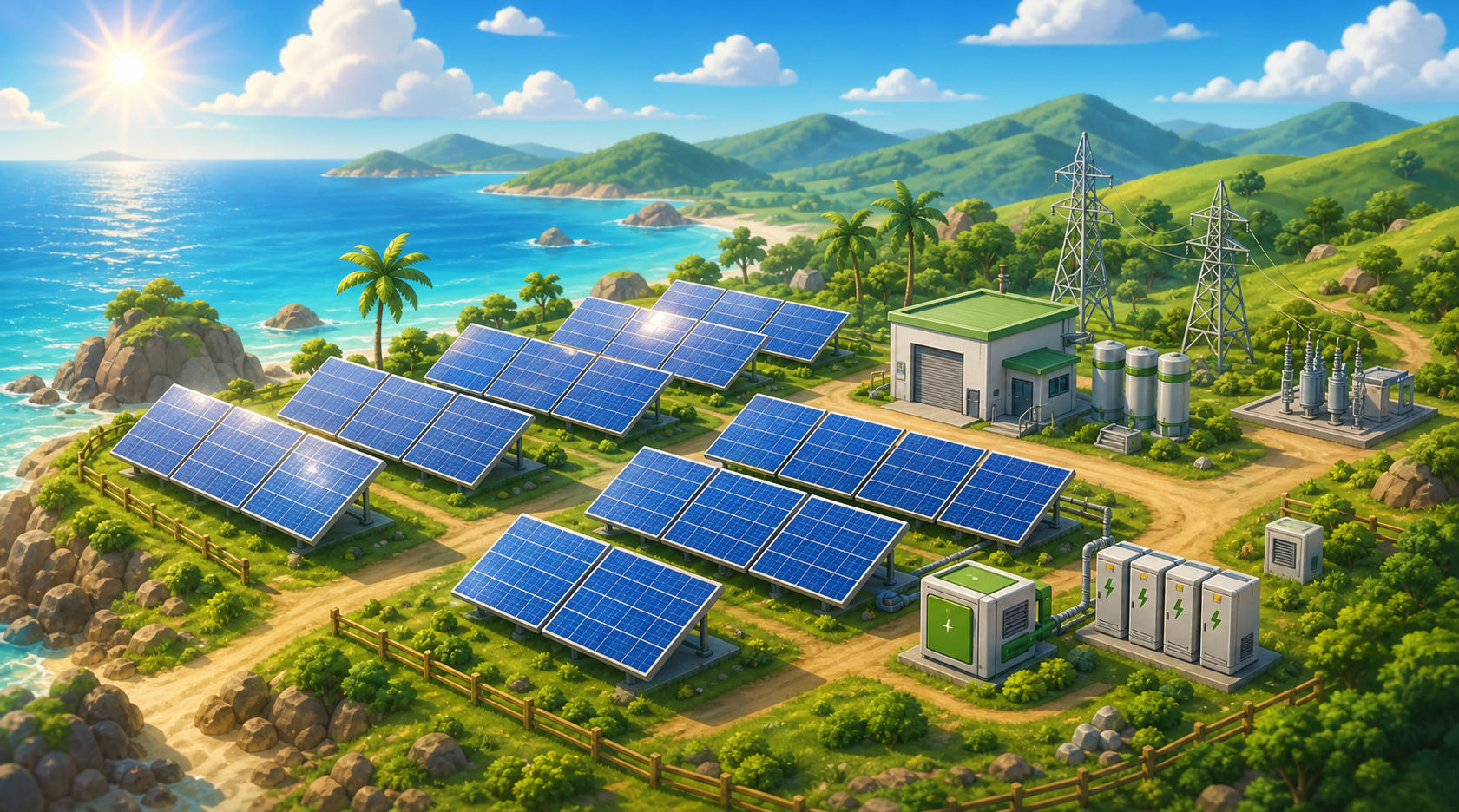 Game-style tropical solar farm with panel arrays, batteries, and clean-energy infrastructure